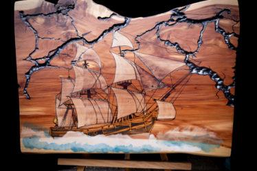 fractals and ship on wood