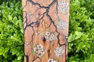 Cherry Blossoms and fractals burned into wood