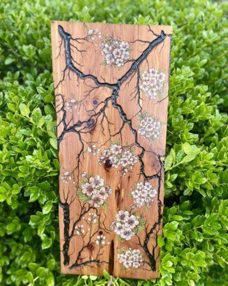 Cherry Blossoms and fractals burned into wood