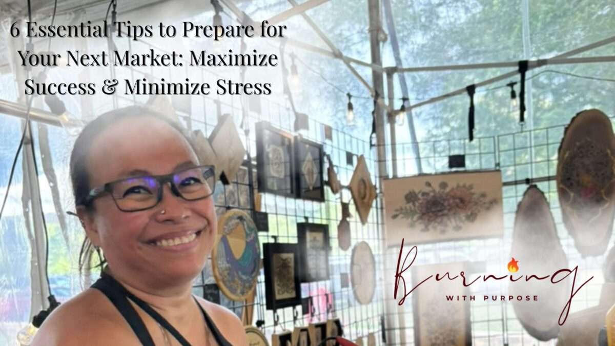 “Artist setting up a wooden art display booth at a local market.”